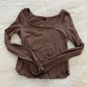 Brown Square Neck Long Sleeve Top Lettuce Hem
